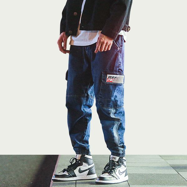 

iidossan mens jeans with side pockets fashion tapered harem jeans side stripes cotton breathable denim joggers new hot, Blue