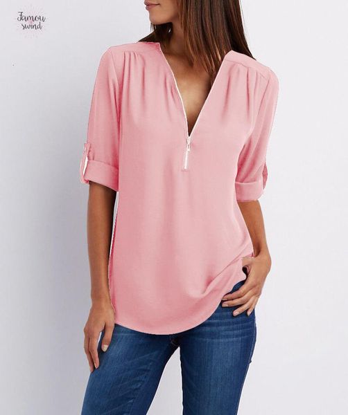 

2019 женщина шифон блузка мода v шеи zipper белой женских цветов для 13 рабочей одежды топы 4xl 5xl blusas ns9003, White