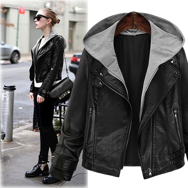 

swyivy women's pu leather jacket hooded faux leather motorcycle jacket plus size hooded autumn outerwear short coats lady, Black