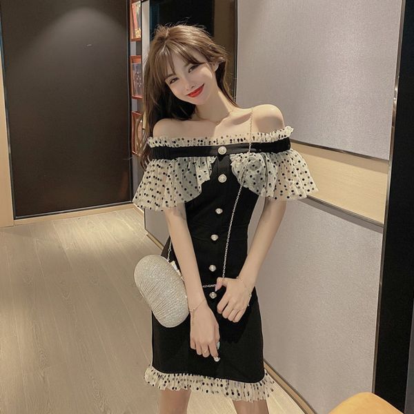 

2020 new dress early autumn fashion korean style elegant off-shoulder bag hip evening dress skirt womens dress, White;black