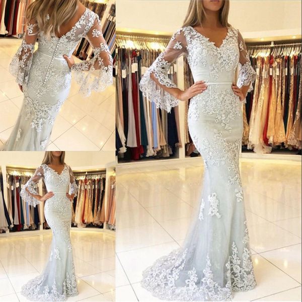 

lace mermaid prom dresses elegant long sleeves v neck backless silver sweep train evening dress robe de soiree, Black