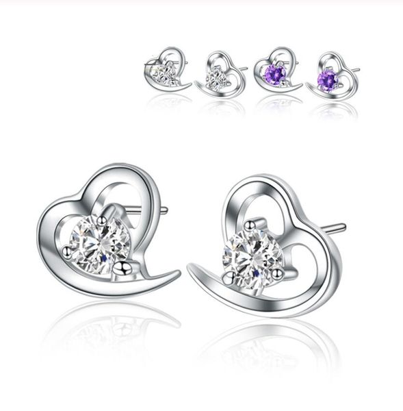 

austrian crystal romantic heart shape women 925 silver studs earrings for wedding jewelry white purple crystal love earrings stud, Golden;silver