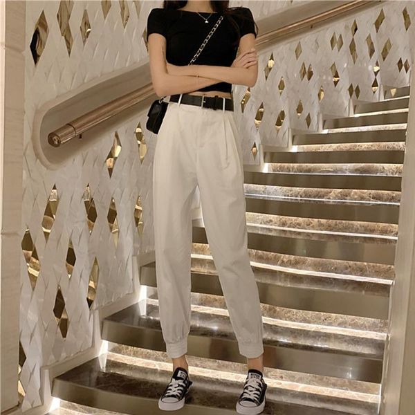 

black easy joggers sports pants woman high waist trousers sashes pockets office ladies white haren pants fashion womens 2020 new, Black;white