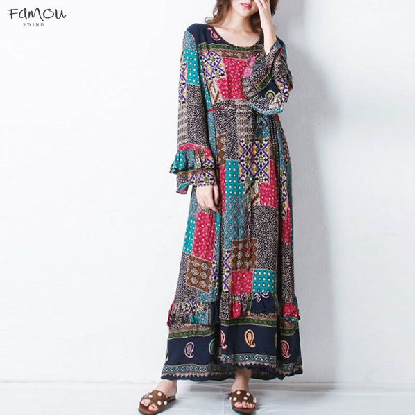 

Women Geometric Printed 2019 Round Neck Long Flare Sleeve Cocktail Dress Party Beach Long Dress Vestido Plus Size