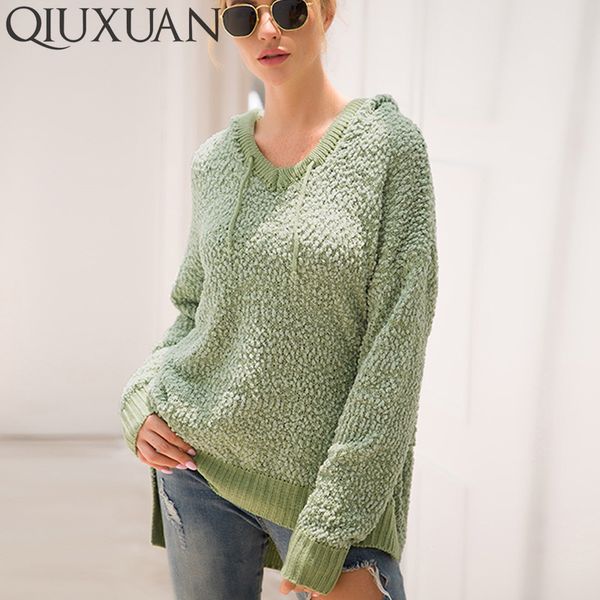 

qiuxuan knitted hooded fuzzy sweaters women long sleeve pullover 2019 winter woman asymmetrical hem loose casual ladies jumper, White;black
