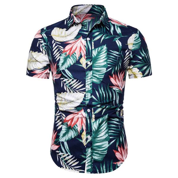 

klv shirts men summer bohe linen short sleeve basic shirt blouse fit slim printed hawaiian beach shirt leaf printing, White;black