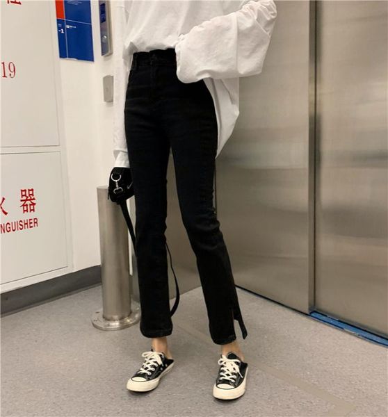 

skinny black high-waisted jeans with slit legs, Blue