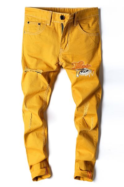 

mens designer embroidered yellow jeans hole slim feet stretch pants, Blue
