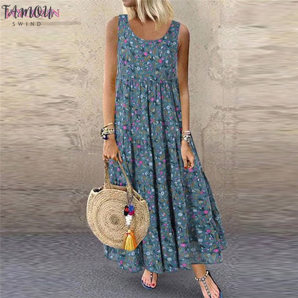 

2020 dress women casual loose sleeveless floral daily linen print long dress roman style plus size s- 5xl drop #0626, Black;gray