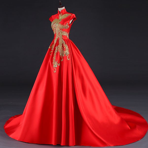 

slim evening dress stage dance dressing phoenix embroidery chinese style long trailing cheongsam vestidos size s-xxl, Red