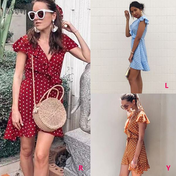 

women\s dress summer v neck dot slim waist a line dress fashion butterfly sleeve elegant vintage mini dress feminina, Black;gray