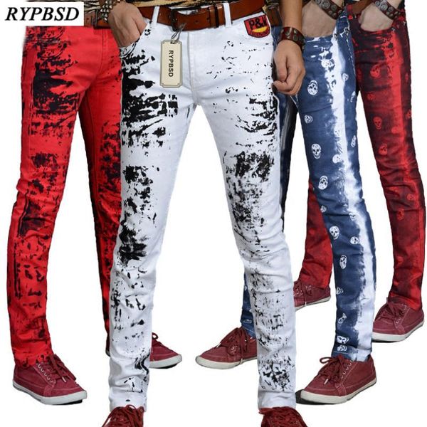 

new 2019 autumn white pants men print jeans pants men skinny cotton fashion casual zipper denim trousers 27-36, Black