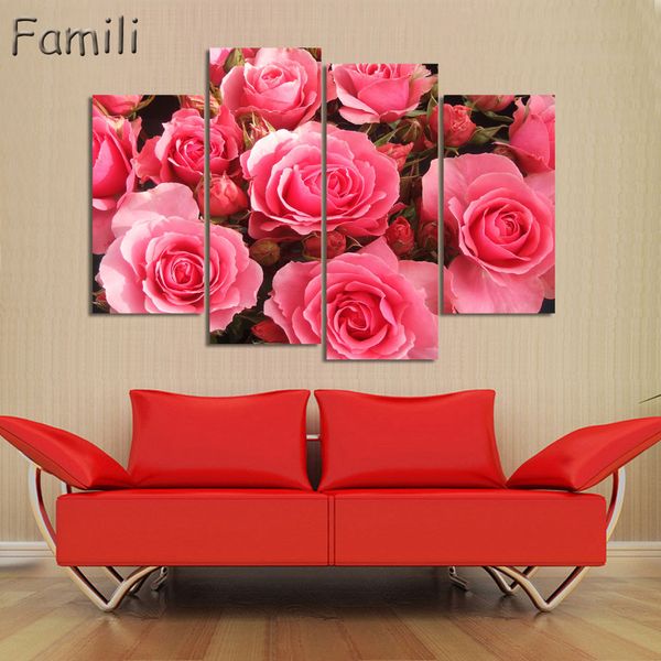 

4Pcs/Set Combined Flower Paintings Purple Rose Modern Wall Painting Canvas Wall Art Picture Unframed Canvas Painting