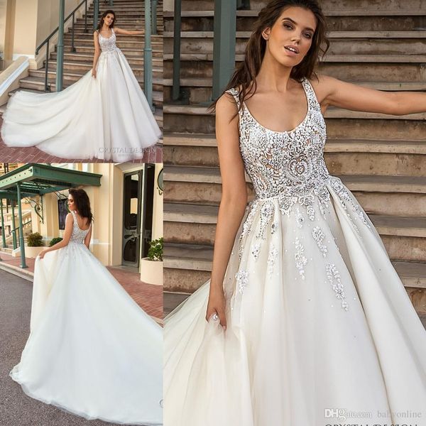 

church backless a-line wedding dresses new arabic major beading backless court train sleeveless elegant garden bridal gowns, White
