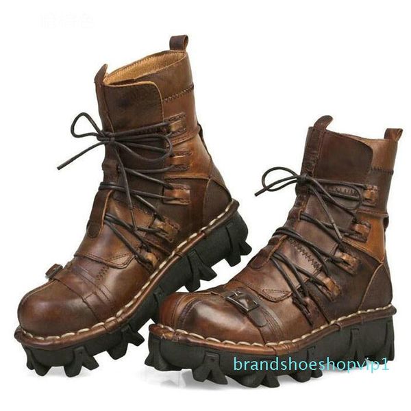 

size fashion cowhide genuine leather military uniform boots gothic skull punk martin platform mid-calf boots steampunk shoes 18d50, Black