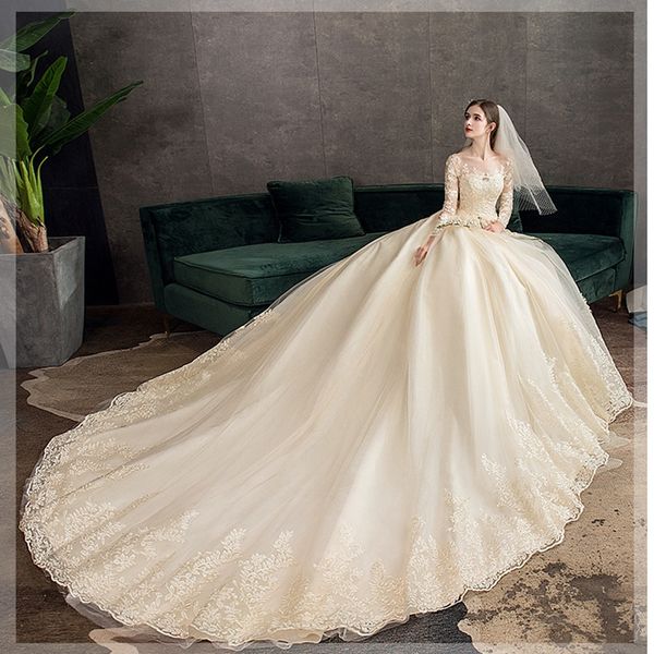 

exquisite a line wedding lace dresses with long tail lace applique champagne colored wedding dresses lace back up wedding dress long sleeve, White