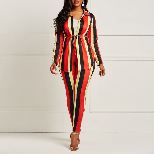 

clocolor striped pant suit set women two piece long sleeve shirt pants female fashion outfit office lady work wear suit t200528, Gray