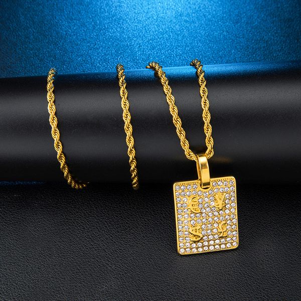 

стальные цепи us7 bling iced out валюта символ площадь ожерелье подвеска асфальтовой rhinestoned подвеска из нержавеющей стали для мужчин hi, Silver