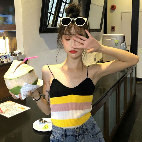 

women's clothing knitted patchwork sweet spaghetti strap off shoulder rainbow stripes ladies summer fashion brand camis, White