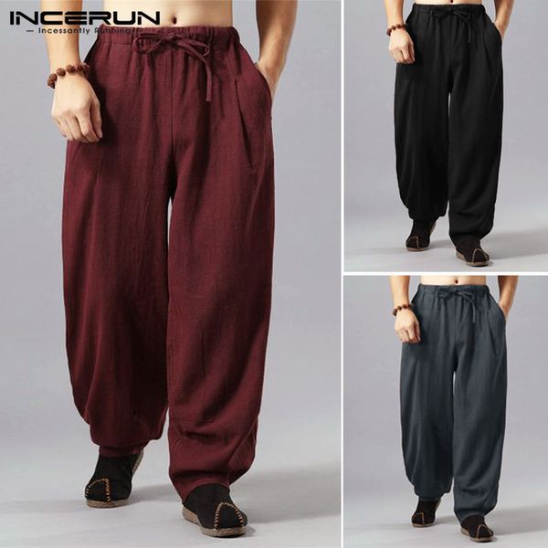 

incerun chinese style drawstring casual pants men solid loose cotton vintage trousers men baggy pockets harem pants hombre 2019, Black