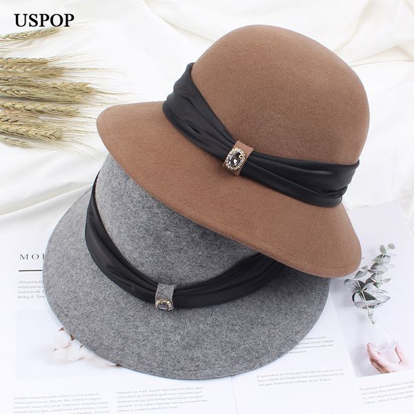 

uspop 2019 new autumn winter hats women wool fedoras fashion wide brim diamond fedoras hat female thick wool hats high quality, Blue;gray