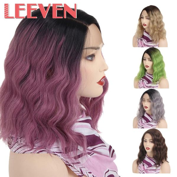 

leeven 14inch lace front wig green gray brown purple short wavy bob wig for woman synthetic hair wigs cosplay female hair, Black