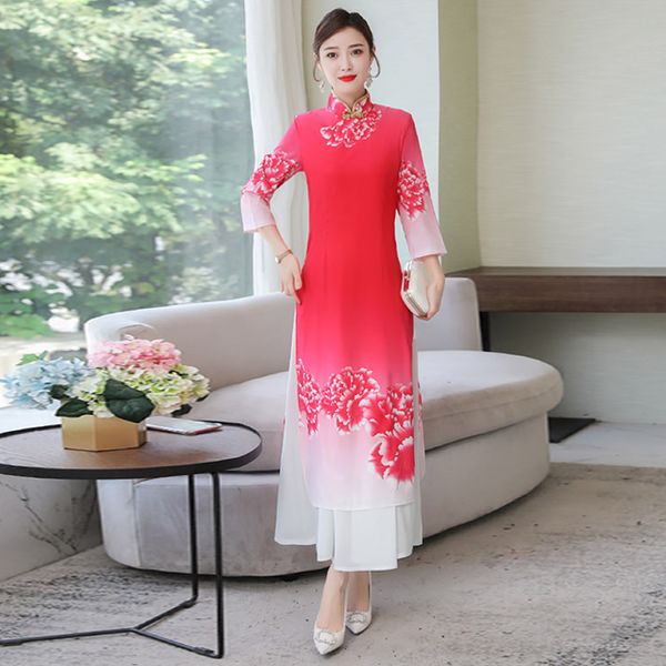 

gradient red traditional vietnam ao dai qipao cheongsam oriental style evening dresses long women chinese dress vestidos chinos