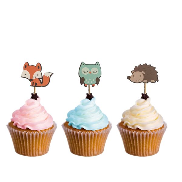 

12шт fox белка лес животных торт топпер гриб hedgehog deer бумаги соломка kids party день рождения baby shower поставки