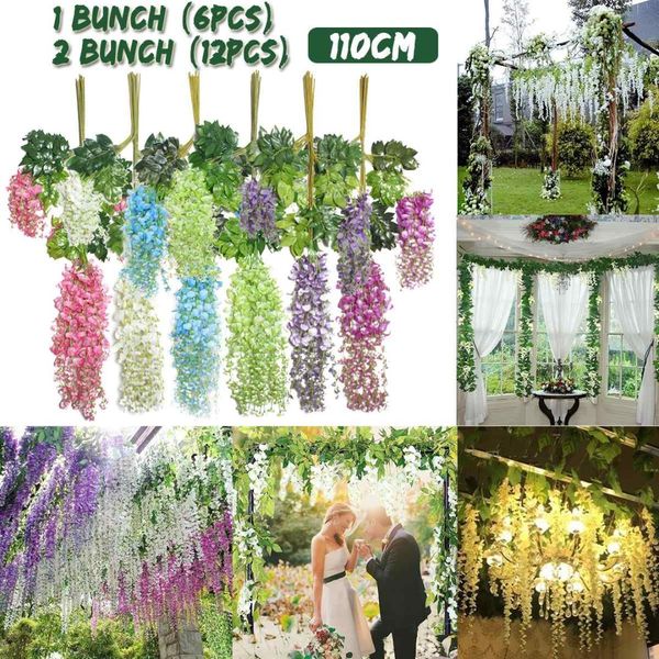 

6/12pcs 110cm long artificial wisteria flowers vine silk rattan diy for wedding birthday party decoration wall backdrop flowers