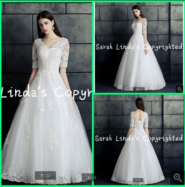 

vestidos de noiva 2019 линия рукава кружева свадебное платье аппликации v декольте формальный корсет бисером блестки скромные платья невесты, White