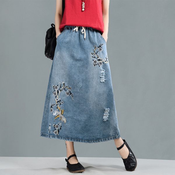 

spring new drawstring wild girl a word skirts long section of literary embroidery white cowboy skirt women, Black