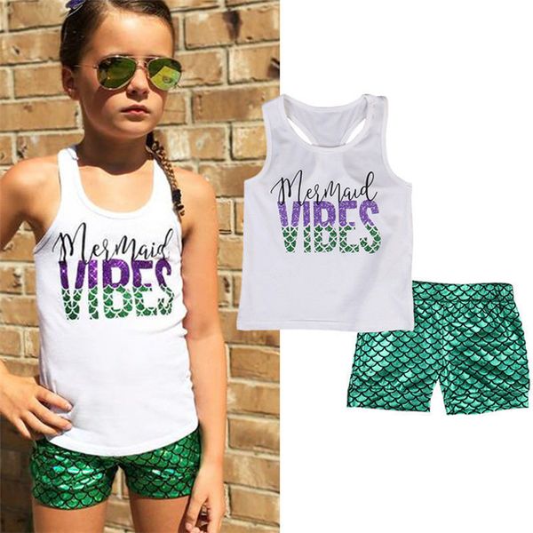 

emmababy mermaid set kids clothes sleeveless letter vest+shorts 2pcs children clothing kids designer clothes girls jy290, White