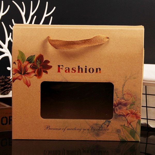 

kraft paper clothing packaging box with window portable handle gift boxes wholesale