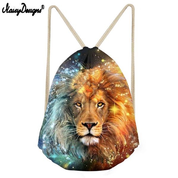 

fashion girl boys drawstring bag lion in space print girls men women mini canvas backpack mochila shoe bags for travel ladies