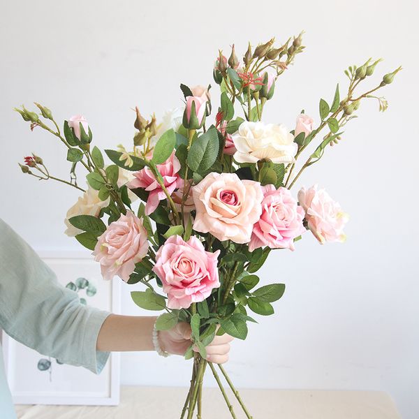 

3heads long stem rose branch with leaves silk artificial flowers home garden decoration rose artificielle flores