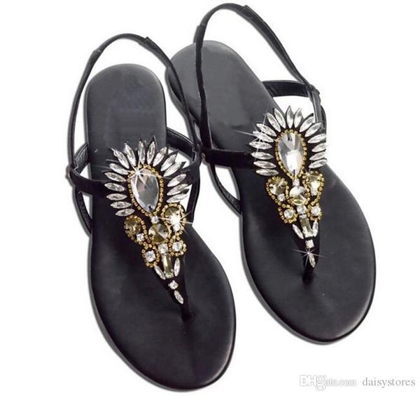 

bohemia style rhinestone clip toe buckle strap woman sandals rome designed crystal flats sandals shoes summer beach shoes, Black