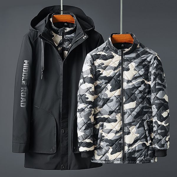 

plus size 3xl 4xl men detachable liner winter parkas hooded collar 2pcs/set outwear coat men 228, Tan;black