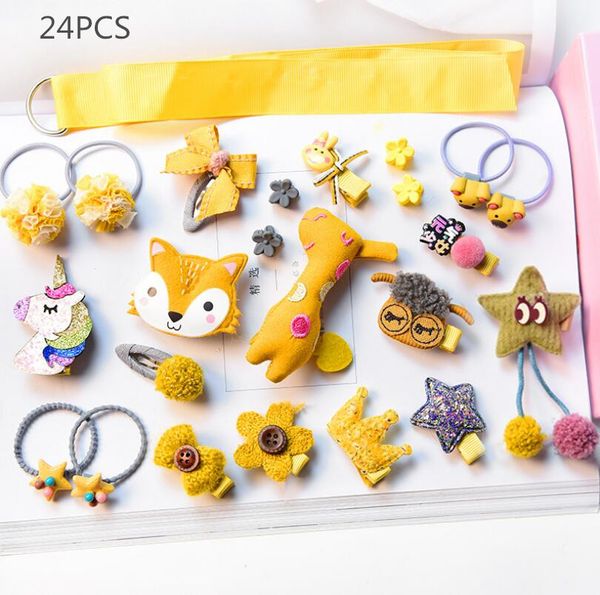 

24pcs/set children hair accessories crown cartoon animal hair clips for girls flower hairpin star pompom ties band 11 color, Slivery;white