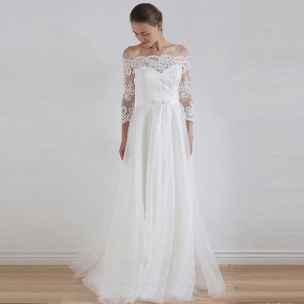 

simple tulle belt floor length off shoulder elegant lace appliques a-line wedding dresses 3/4 long sleeve bridal gown new vestido de noiva, White