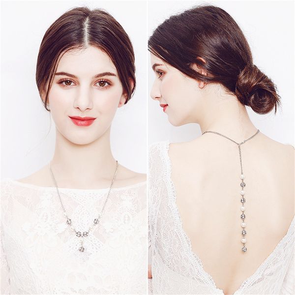 

romad design pearl backdrop necklaces for women back party dress long necklace chain wedding and party jewelry bride, Silver