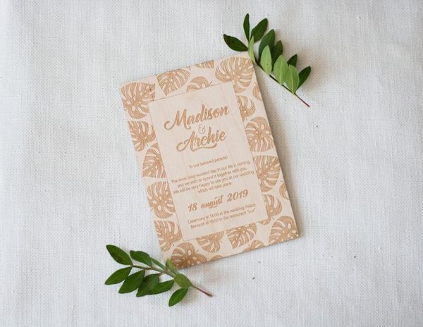 

tropical wedding invitations, personalized wooden wedding invitations,wood invitation card, monstera invitation, leaves monster