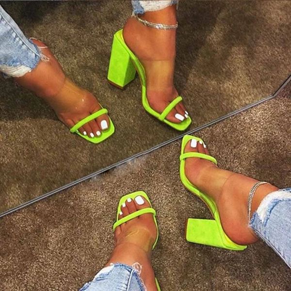 

puimentiua fashion summer solid shoes woman slip on sandals square toe slides ladies high heels slippers pumps shoes size, Black