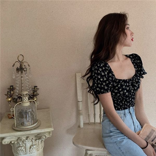 

student temperament square collar slim floral women's season short-sleeved t-shirt ins student temperament square collar slim floral to, White