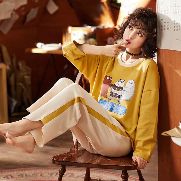 

big girl pajamas sets spring women long sleeve thin cartoon print cute sleepwear lady pijamas mujer leisure student home, Blue;gray