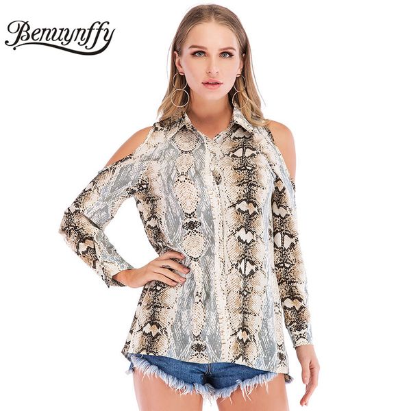

benuynffy cold shoulder snake skin print blouse shirt women highstreet turn down collar female casual long sleeve shirts, White