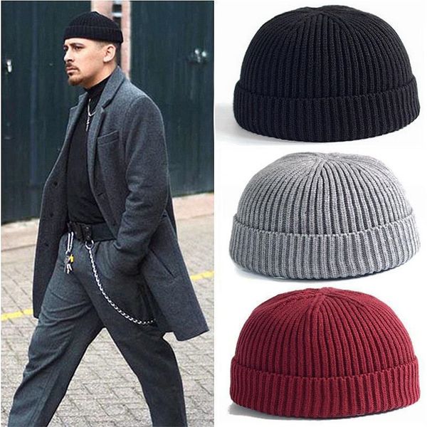 

new fashion men knitted hat beanie skullcap sailor cap cuff brimless retro navy style beanie hat dropshipping cap