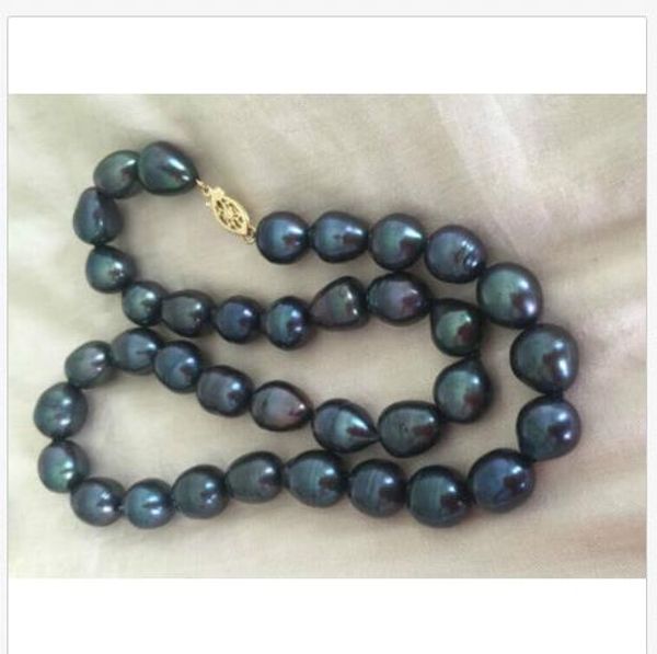 

10-12mm baroque tahitian black green pearl necklace 18 inches, Silver