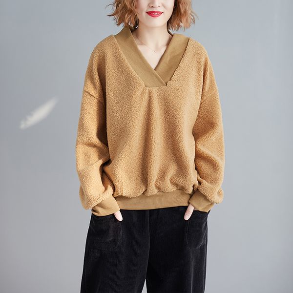 

vintage loose lamb wool woman hoodies pullover fall winter 2018 fuzzy female v-neck korean loose patchwoek outwear streetwear, Black