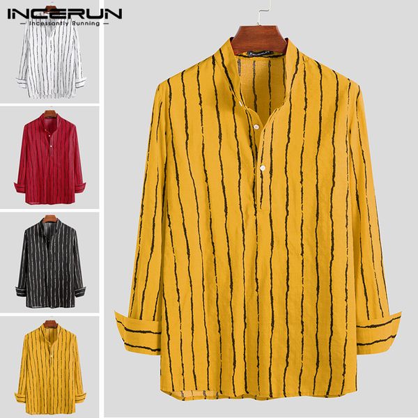 

vintage striped casual shirt men long sleeve stand collar cotton chic streetwear hawaiian mens brand shirts chemise 2019 incerun, White;black