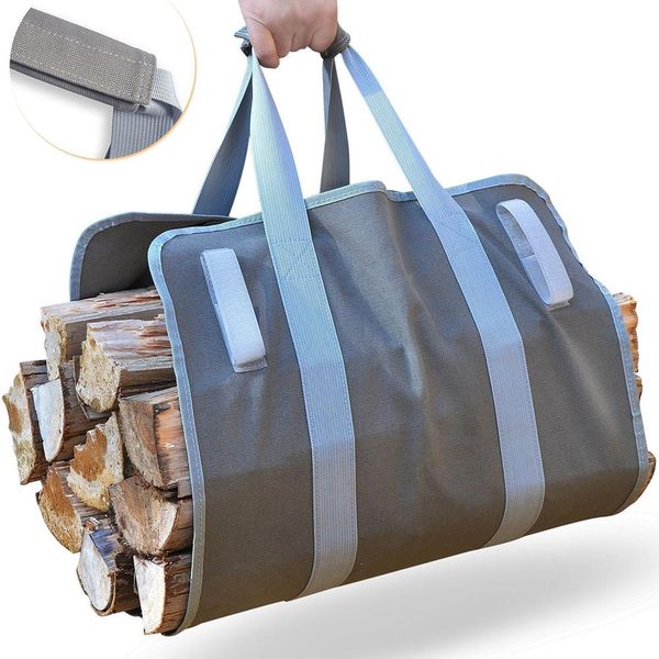 

quality supersized firewood carrier and sling log tote heavy 11oz canvas comfortable padded handles foldable